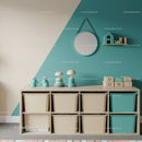 Minimalist Baby Nursery with Blue and Beige Color Scheme and Storage Bins
