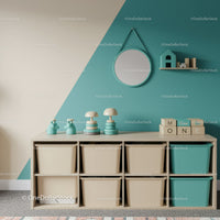 Minimalist Baby Nursery with Blue and Beige Color Scheme and Storage Bins