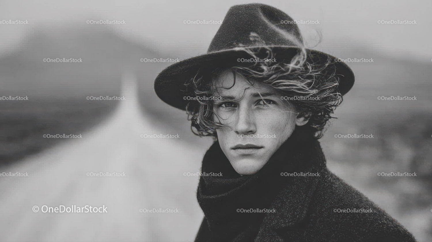 Stylish Young Man with Windy Hair in Artistic Black and White Portrait