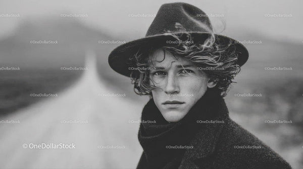 Stylish Young Man with Windy Hair in Artistic Black and White Portrait