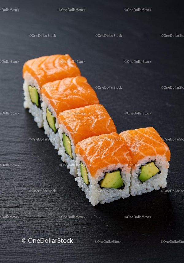 Fresh salmon avocado sushi rolls on black slate