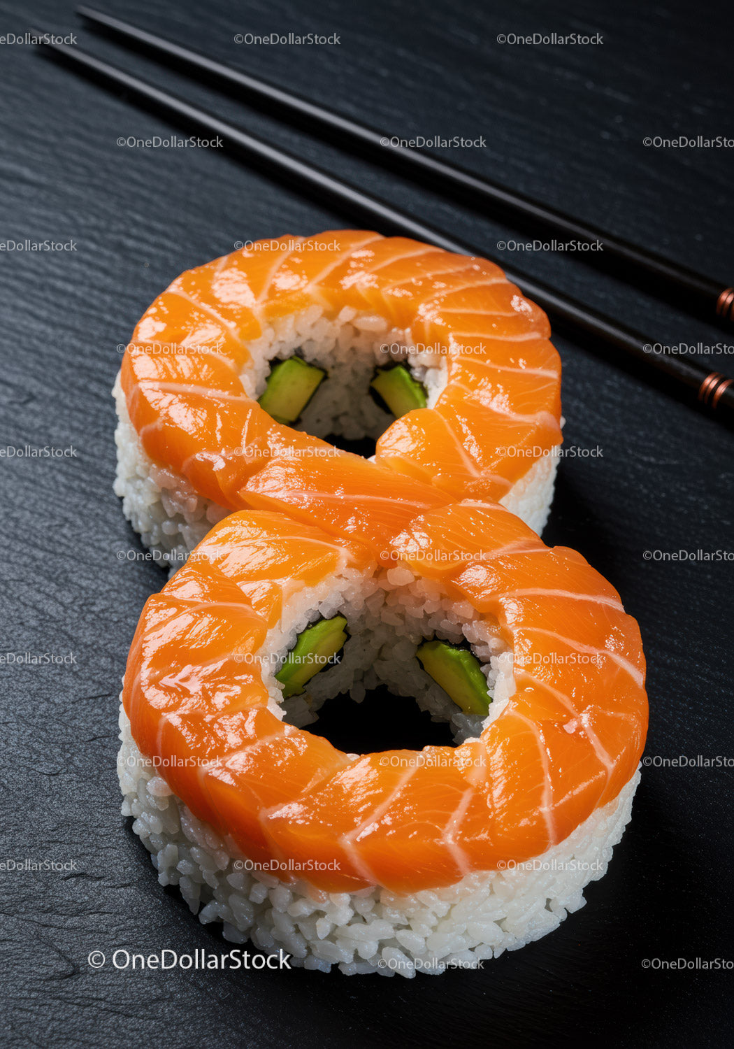Świeże krążki sushi z łososiem i awokado na czarnym łupku