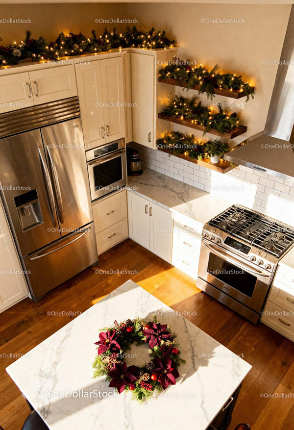 Modern Kitchen Decorated with Festive Holiday Greenery