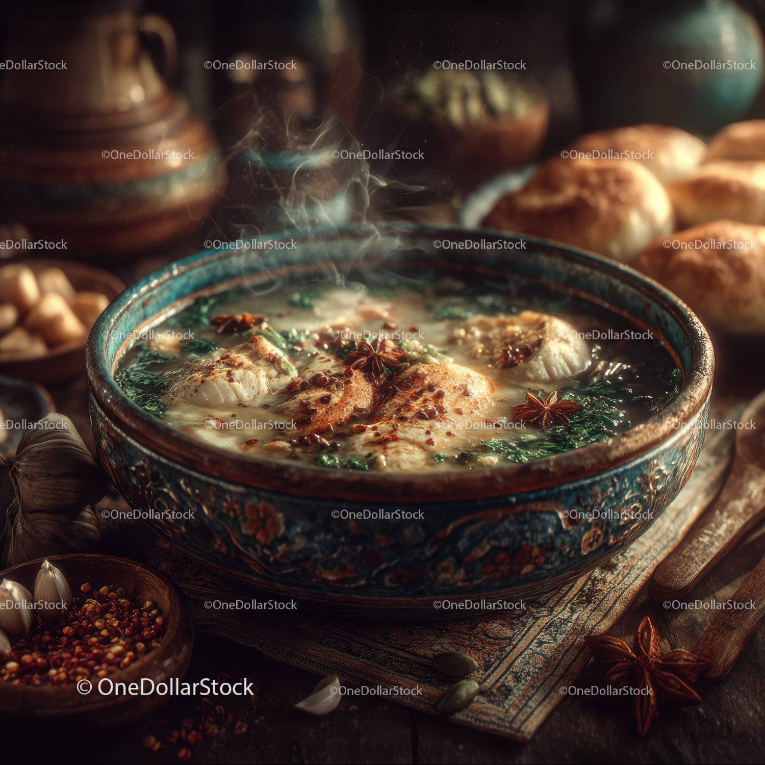 Traditional Chicken Soup with Herbs and Spices in Rustic Setting