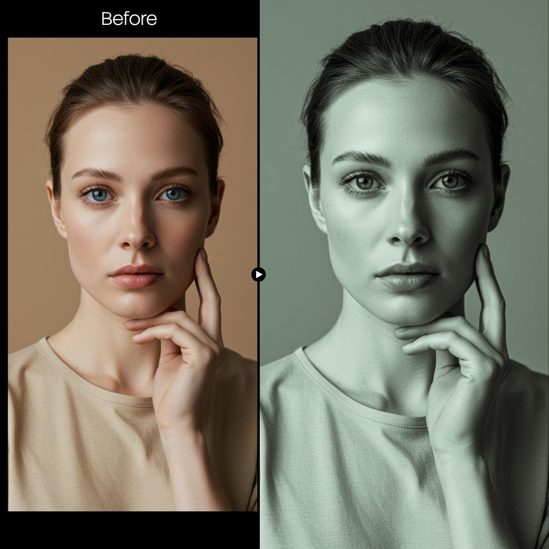 Before and after BW Portraits Green LUT Pack effect