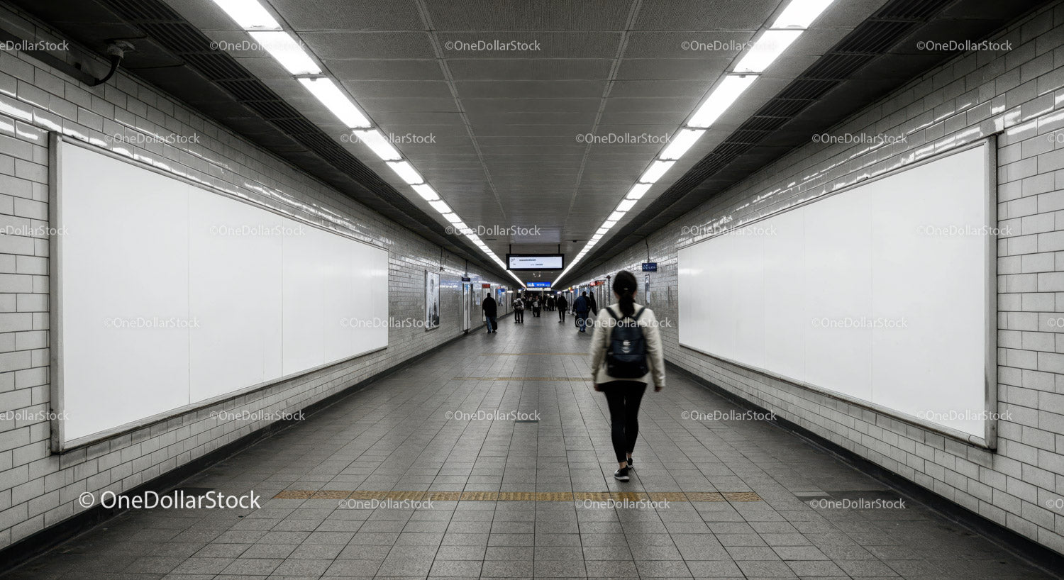 Modern Subway Passage with Pedestrians and Empty Advertising Boards