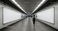 Modern Subway Passage with Pedestrians and Empty Advertising Boards