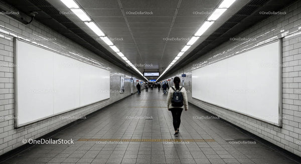 Modern Subway Passage with Pedestrians and Empty Advertising Boards JPG Mockup Image