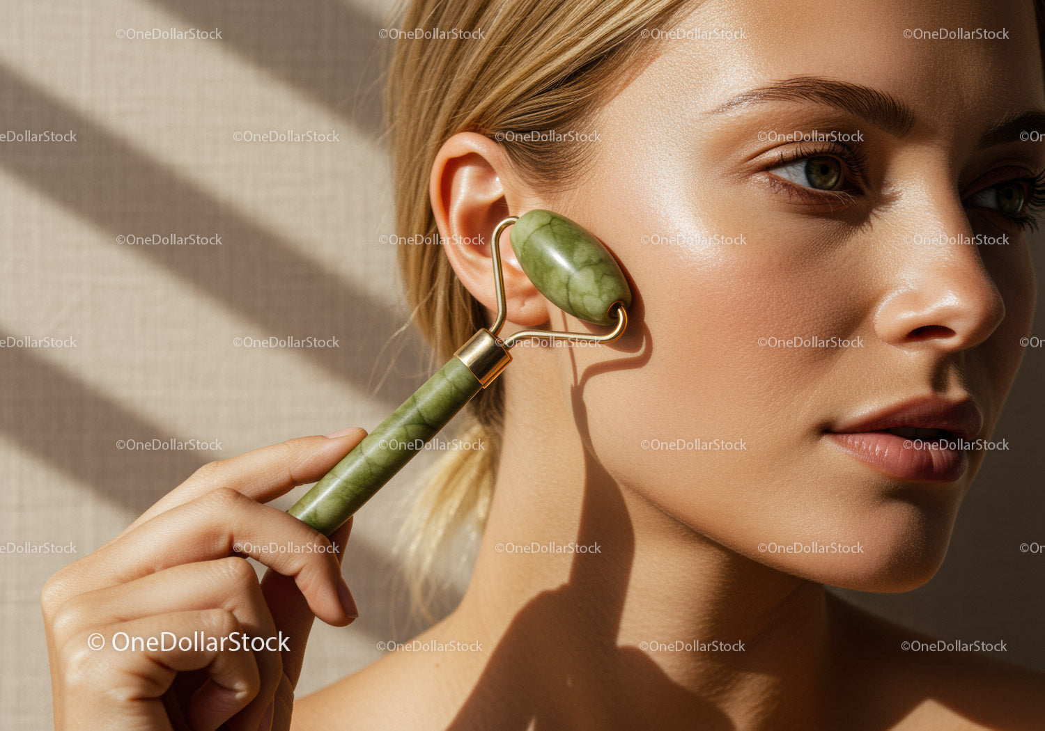 Elegant Woman Using Jade Roller for Face Skin Rejuvenation