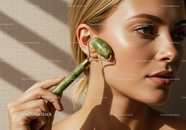 Elegant Woman Using Jade Roller for Face Skin Rejuvenation