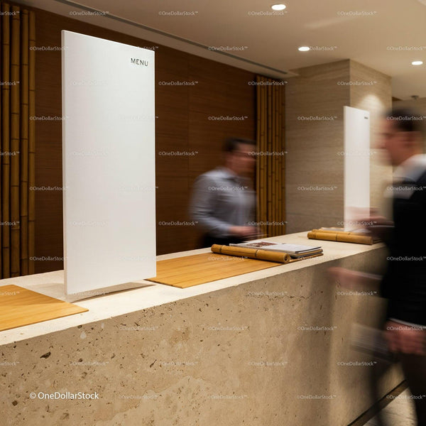 Modern restaurant reception with minimalist menu displays JPG Mockup Image