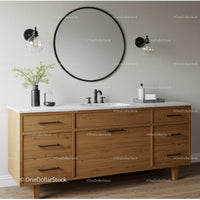 Elegant Wooden Bathroom Vanity with Round Mirror and Black Accents