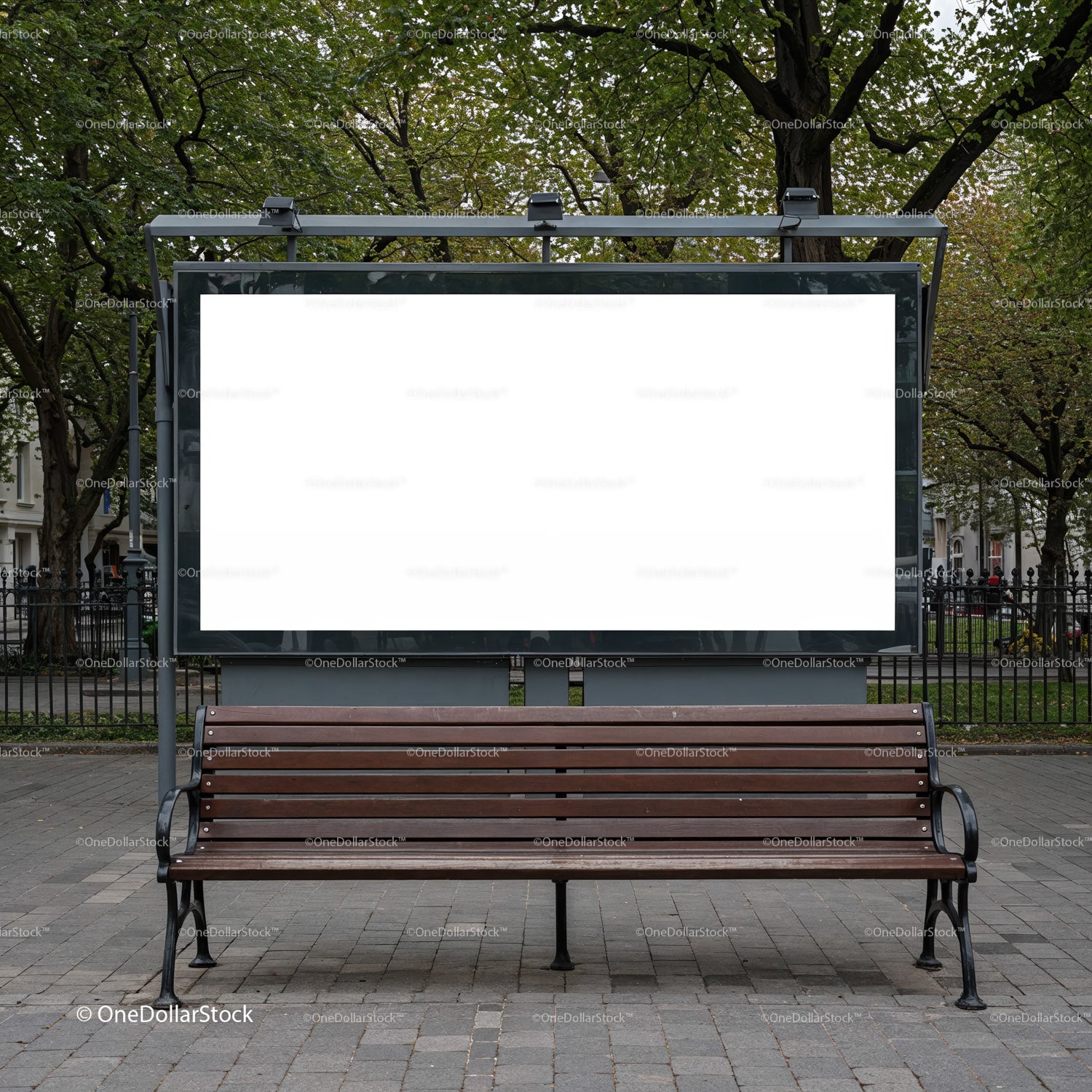 Empty Wooden Bench Below Blank Urban Billboard in Park