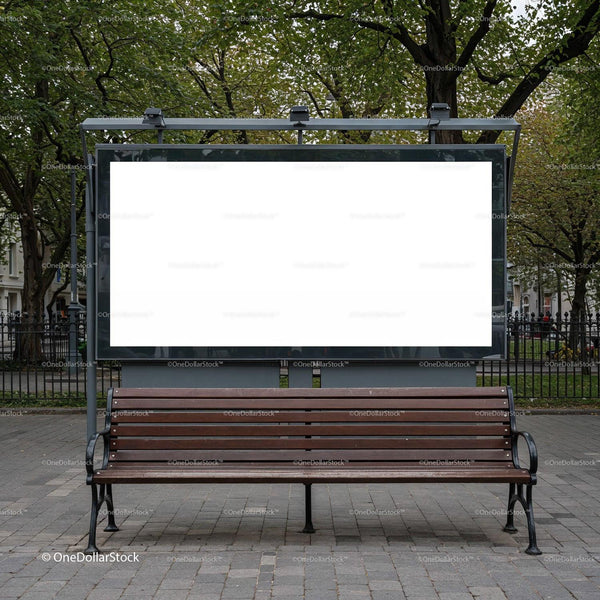 Empty Wooden Bench Below Blank Urban Billboard in Park JPG Mockup Image