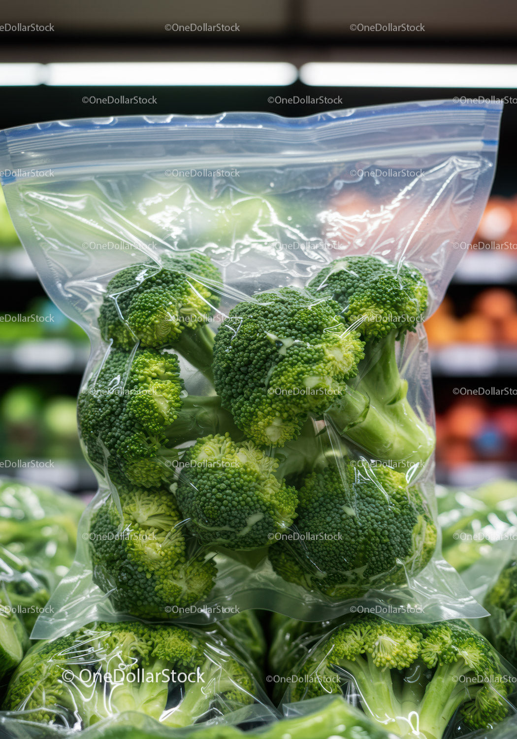 Fresh broccoli florets packed in clear plastic bag