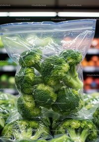 Fresh broccoli florets packed in clear plastic bag
