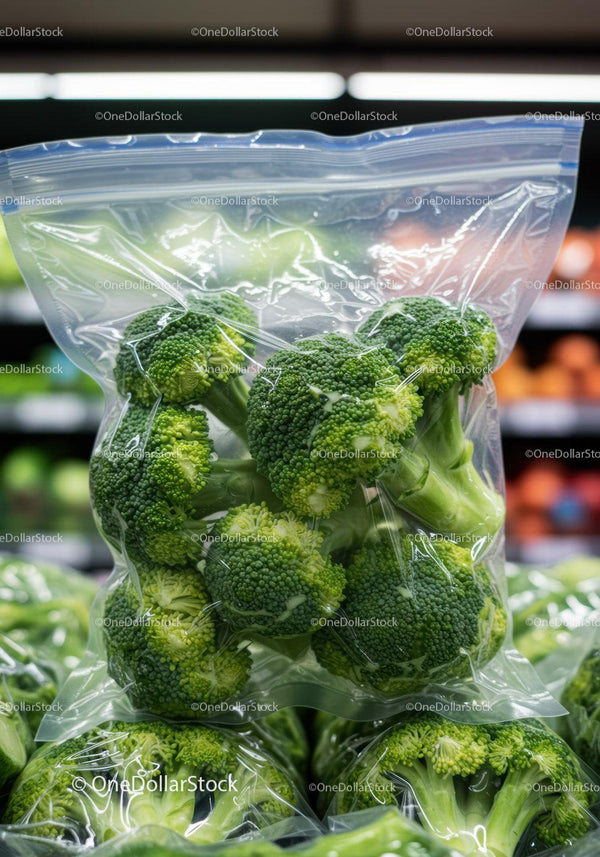 Fresh broccoli florets packed in clear plastic bag