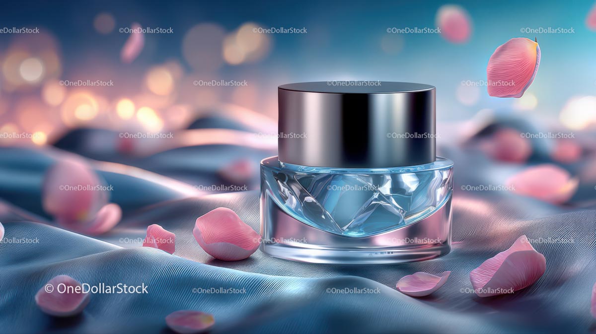 Elegant Glass Jar of Skincare with Pink Petals on Soft Fabric (19 Images)