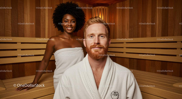 Uśmiechnięta para relaksująca się w saunie w drewnianym spa