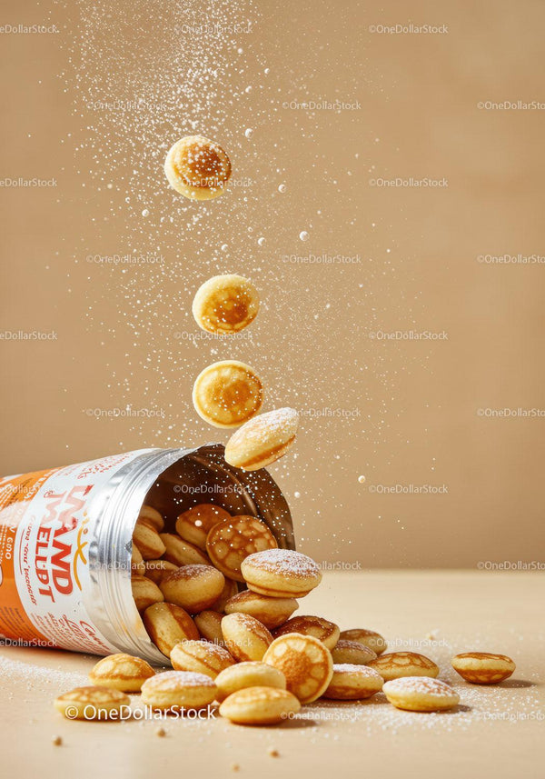 Mini Pancakes Sprinkled with Powdered Sugar in Motion