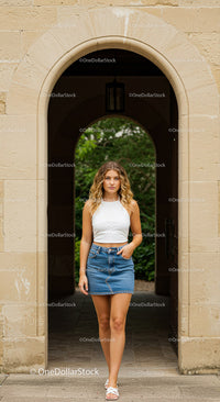 Casual Summer Look of Young Woman in Denim Skirt