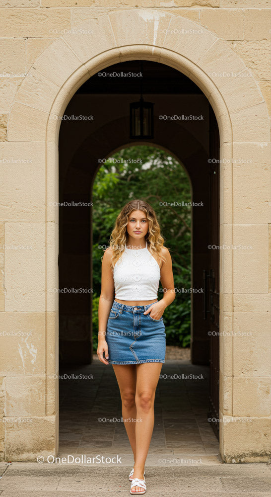 Casual Summer Look of Young Woman in Denim Skirt