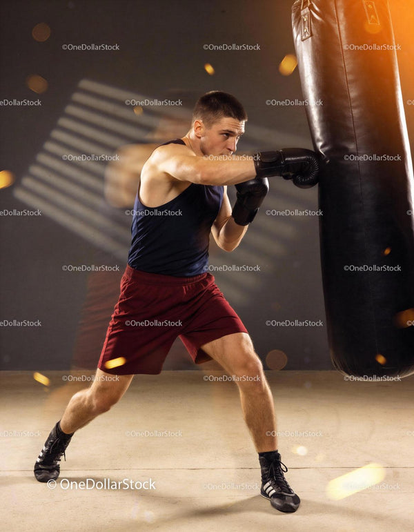 Focused young man training with punching bag indoors