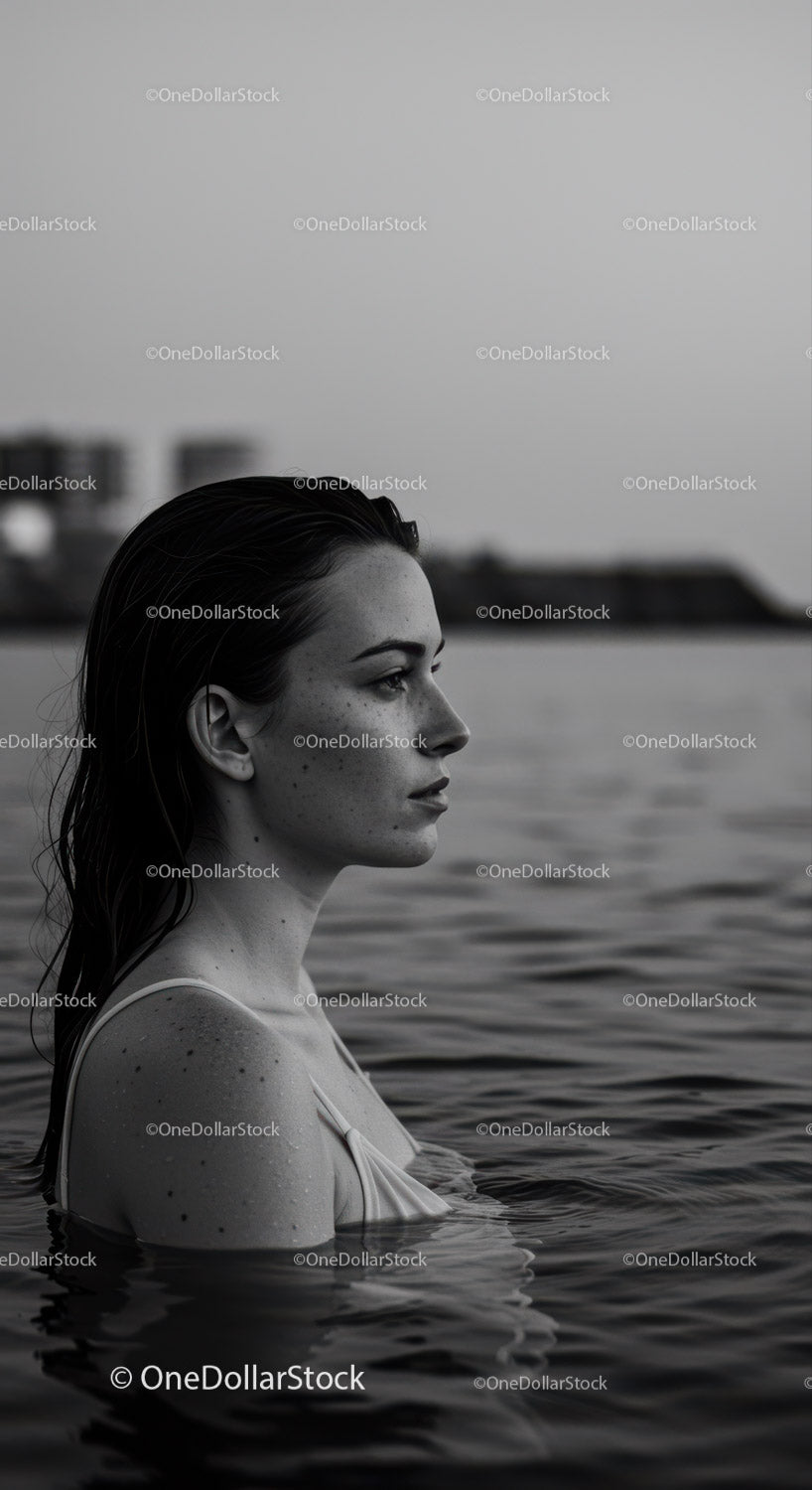 Serene Female Portrait in Water with Urban Background