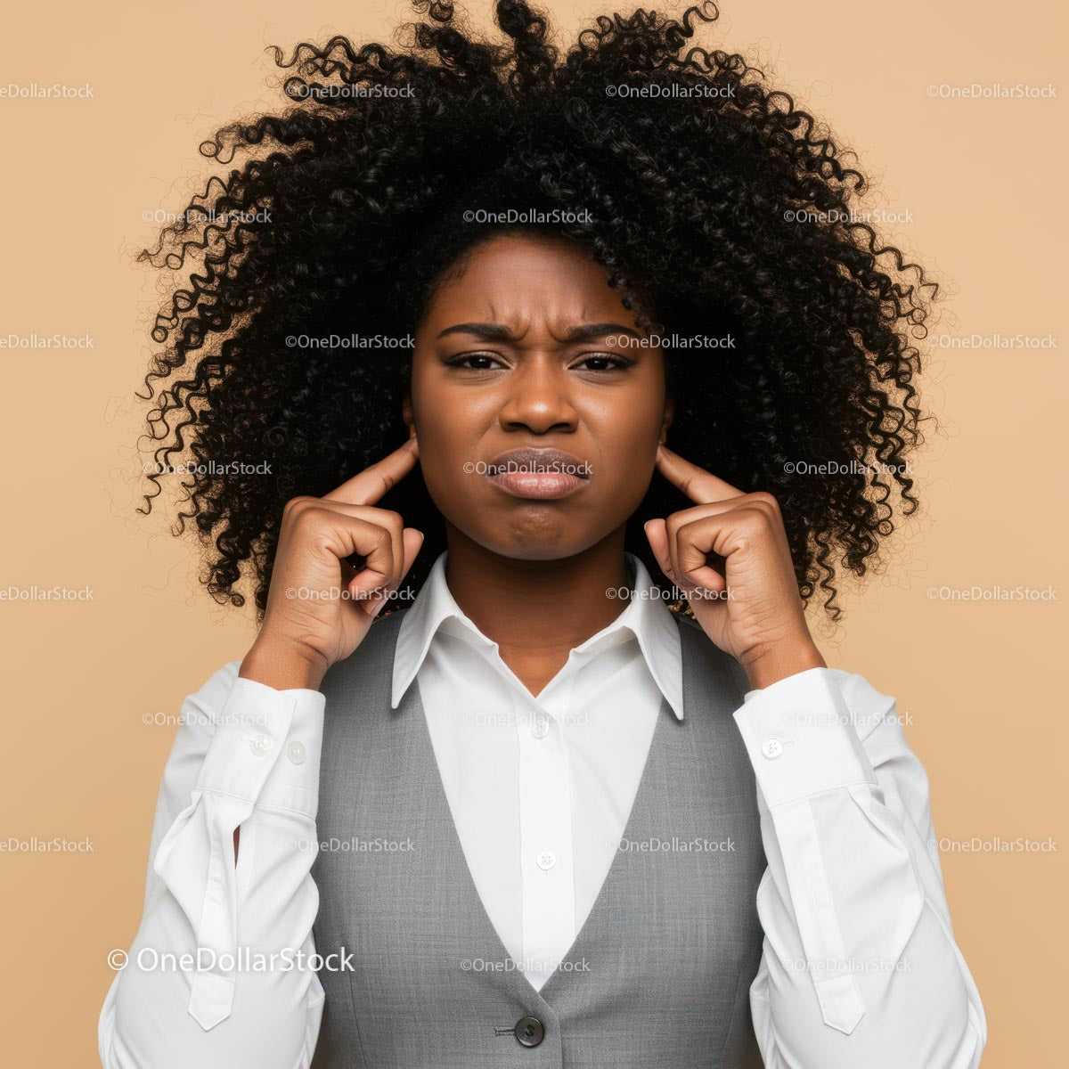 Frustrated Woman Covering Ears with Annoyed Expression