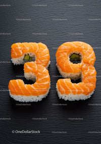 Creative sushi shaped as number thirty nine on slate