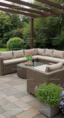 Modern Outdoor Lounge with Beige Cushions and Vibrant Tulips