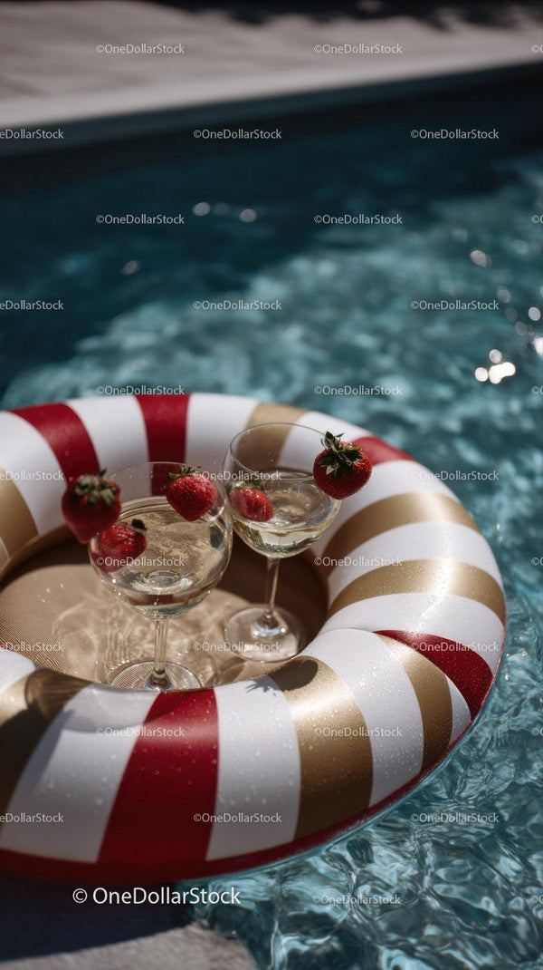 Strawberry Cocktail Glasses Floating in Pool with Fruit Garnishes