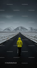 Lonely Traveler in Yellow Jacket on Snow-Covered Road