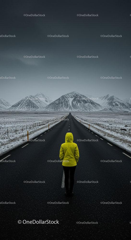Lonely Traveler in Yellow Jacket on Snow-Covered Road Stock Photo Bundle (15 JPG Files)