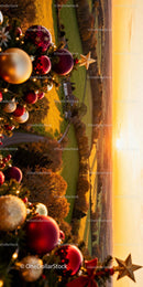 Christmas Tree Decorations with Warm Countryside Sunset View
