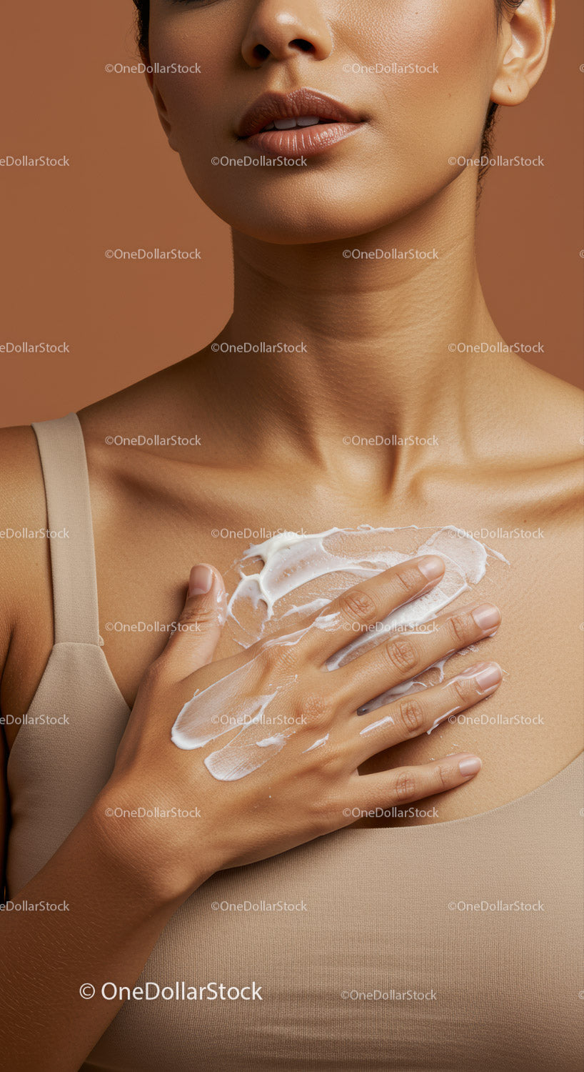 Close-up of Woman Applying Moisturizer on Chest Skin for Healthy Radiance