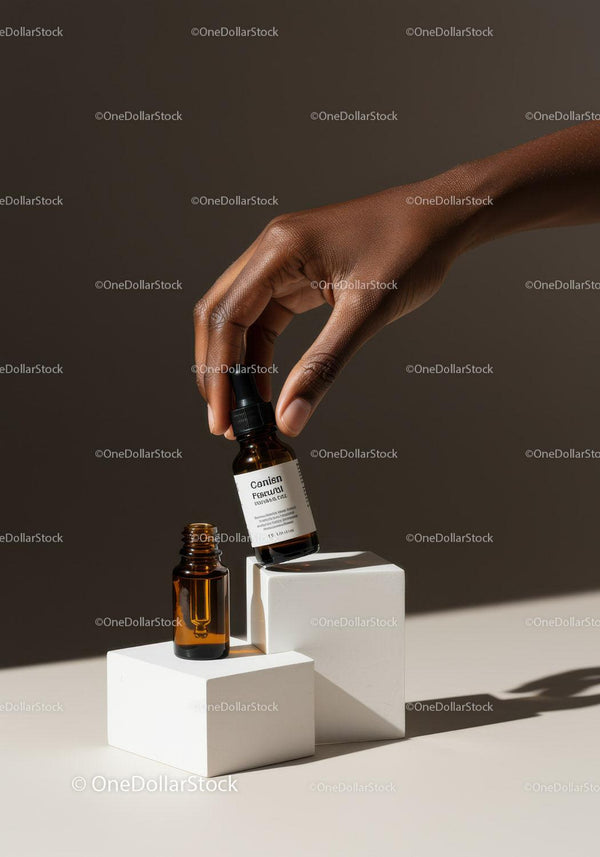 Hand Using Dropper to Dispense Liquid Medicine into Amber Bottle JPG Mockup Image