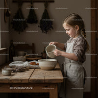 Young girl pouring water into bowl in rustic kitchen