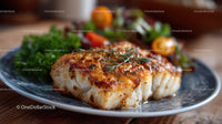 Gourmet Baked Fish Fillet with Herbs and Vegetables on a Decorative Plate