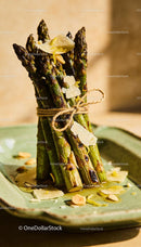 Grilled asparagus bundle with shaved cheese and nuts