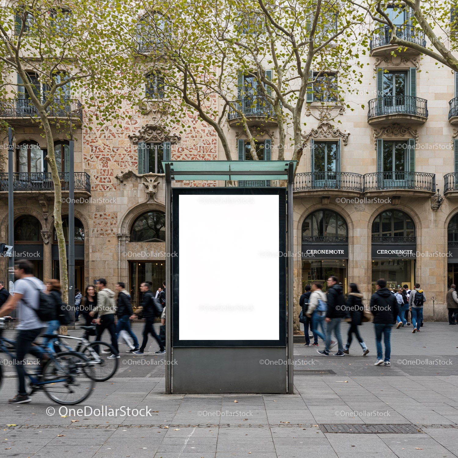 Urban street with blank advertisement and pedestrians