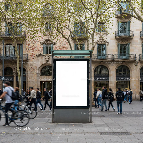 Urban street with blank advertisement and pedestrians JPG Mockup Image