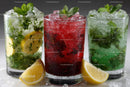 Colorful Mint Lemonade and Fruit Drinks with Ice