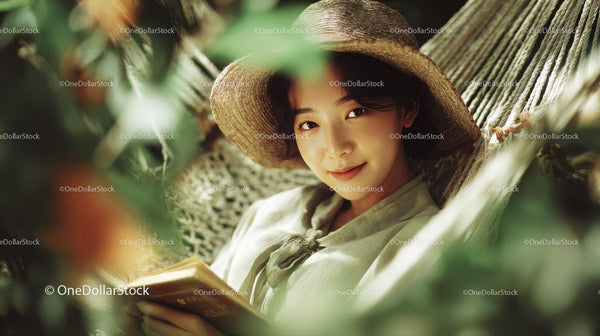 Woman Relaxing with Book in Green Garden Nature Scene