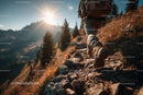 Hiker Climbing Rocky Mountain Trail Under Sunlit Sky