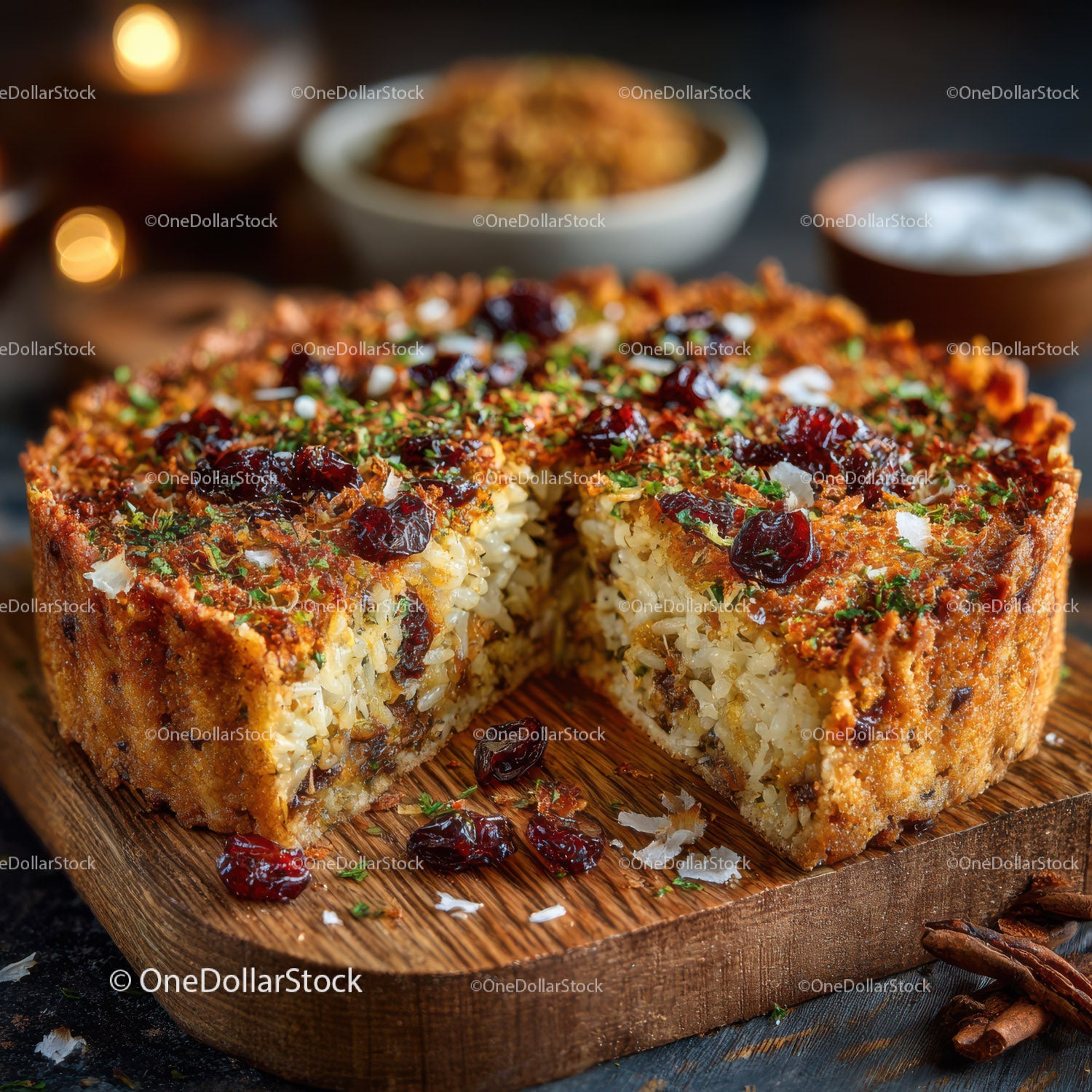 Crispy Rice Casserole with Cherry Glaze and Herb Garnish