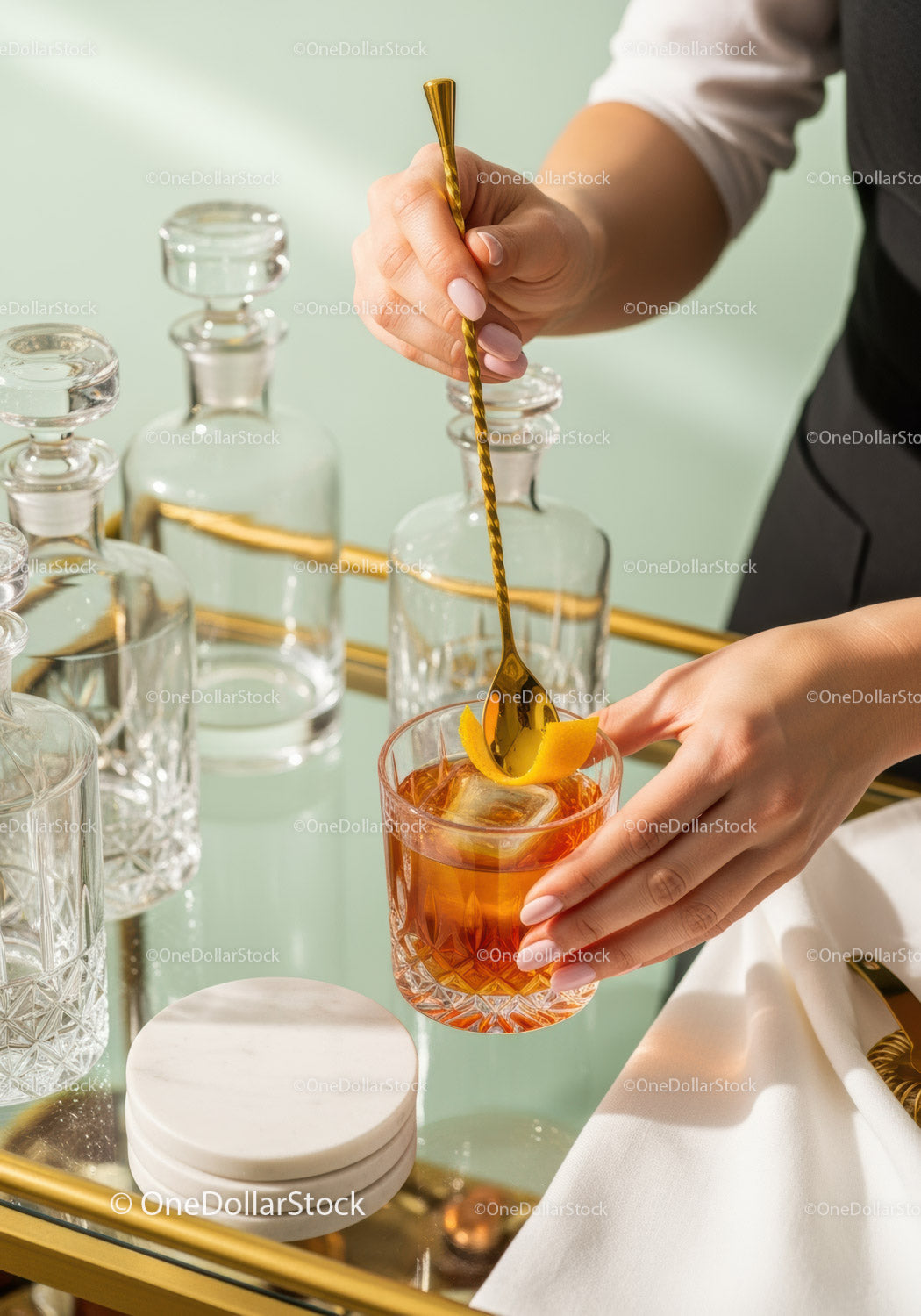 Elegant Amber Cocktail with Citrus Garnish in Crystal Glass