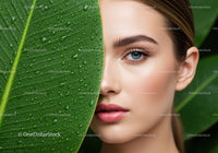 Young Woman with Fresh Green Leaf and Water Droplets for Natural Beauty