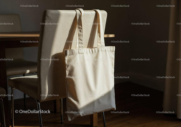 Canvas tote bag hanging on modern dining chair JPG Mockup Image