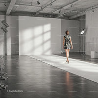 Fashion model walking runway in industrial photo studio